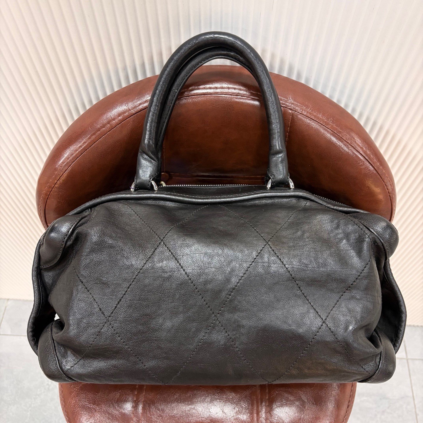 Chanel Diamond Quilted Bowler Handbag Black Calfskin Top Handle Authentic