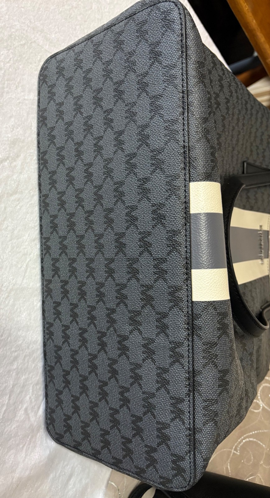 Michael Kors Tote Black Gray Monogram Stripe Shoulder Bag