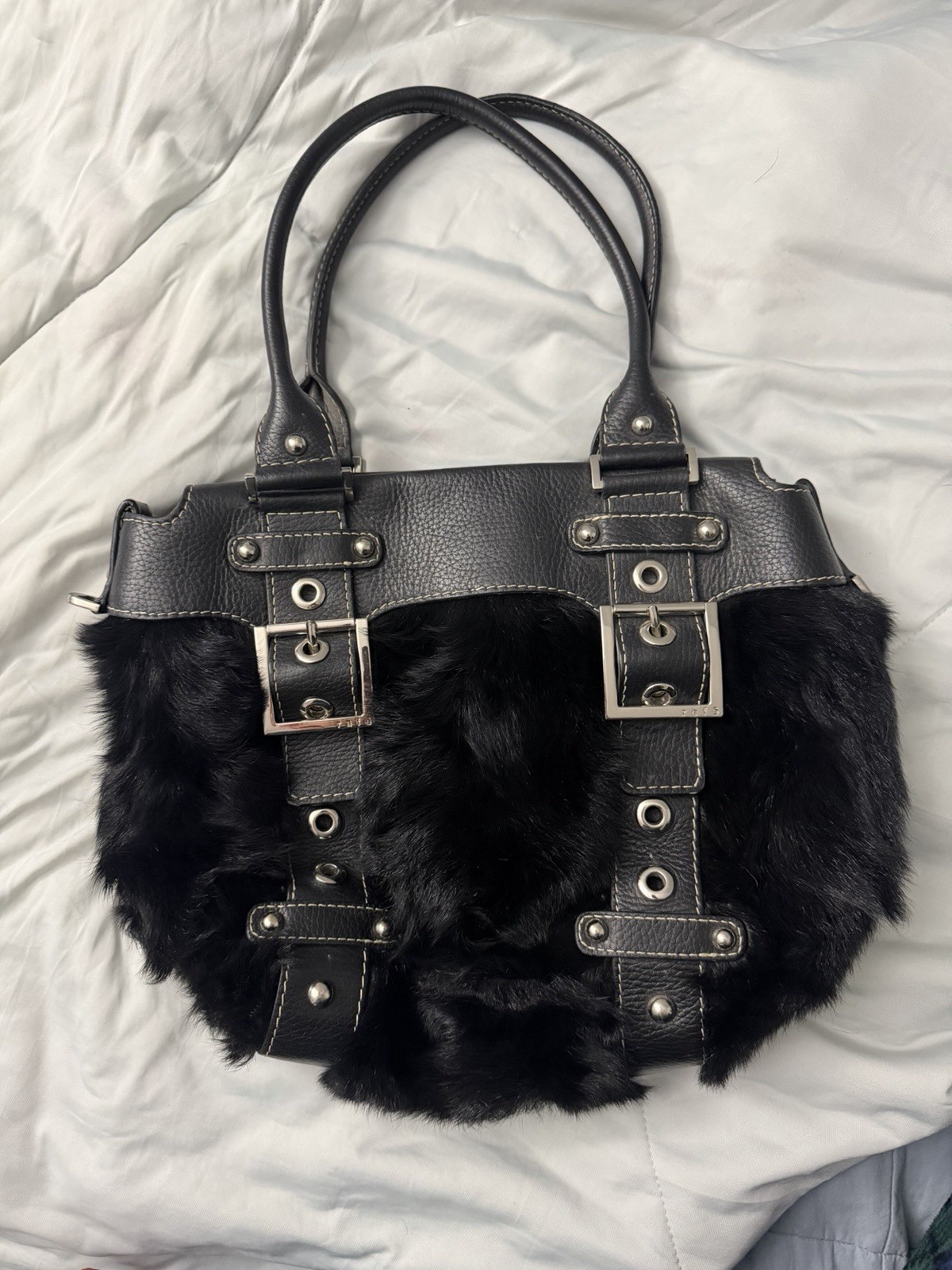 Rafe New York Black Faux Fur & Leather Silver Buckle Handbag