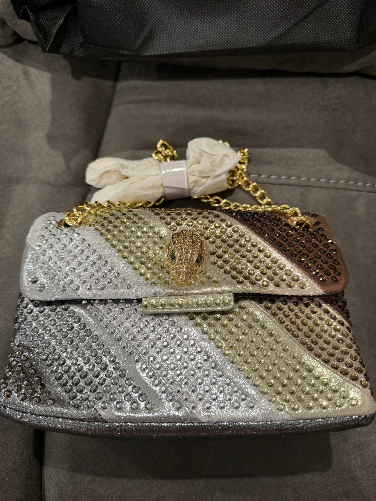 New Kurt Geiger Silver Gold Brown Crystal-Embellished Shoulder Bag
