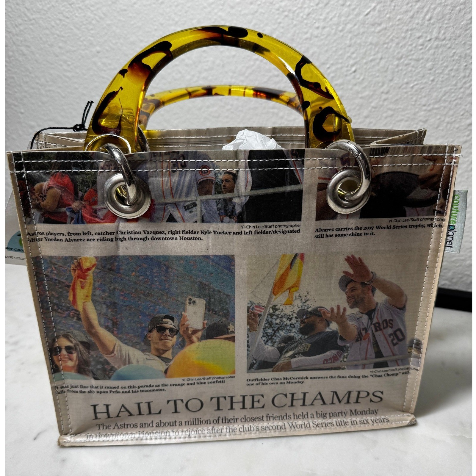 Couture Planet Houston Astros Newspaper Print Handbag Tortoiseshell Handles NEW
