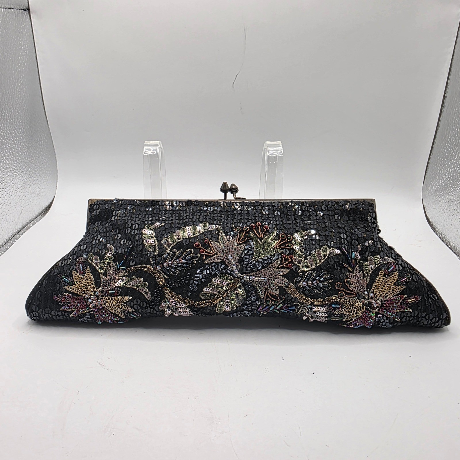 Vintage Style Black Sequin Floral Beaded Kiss Lock Evening Clutch Shoulder Bag