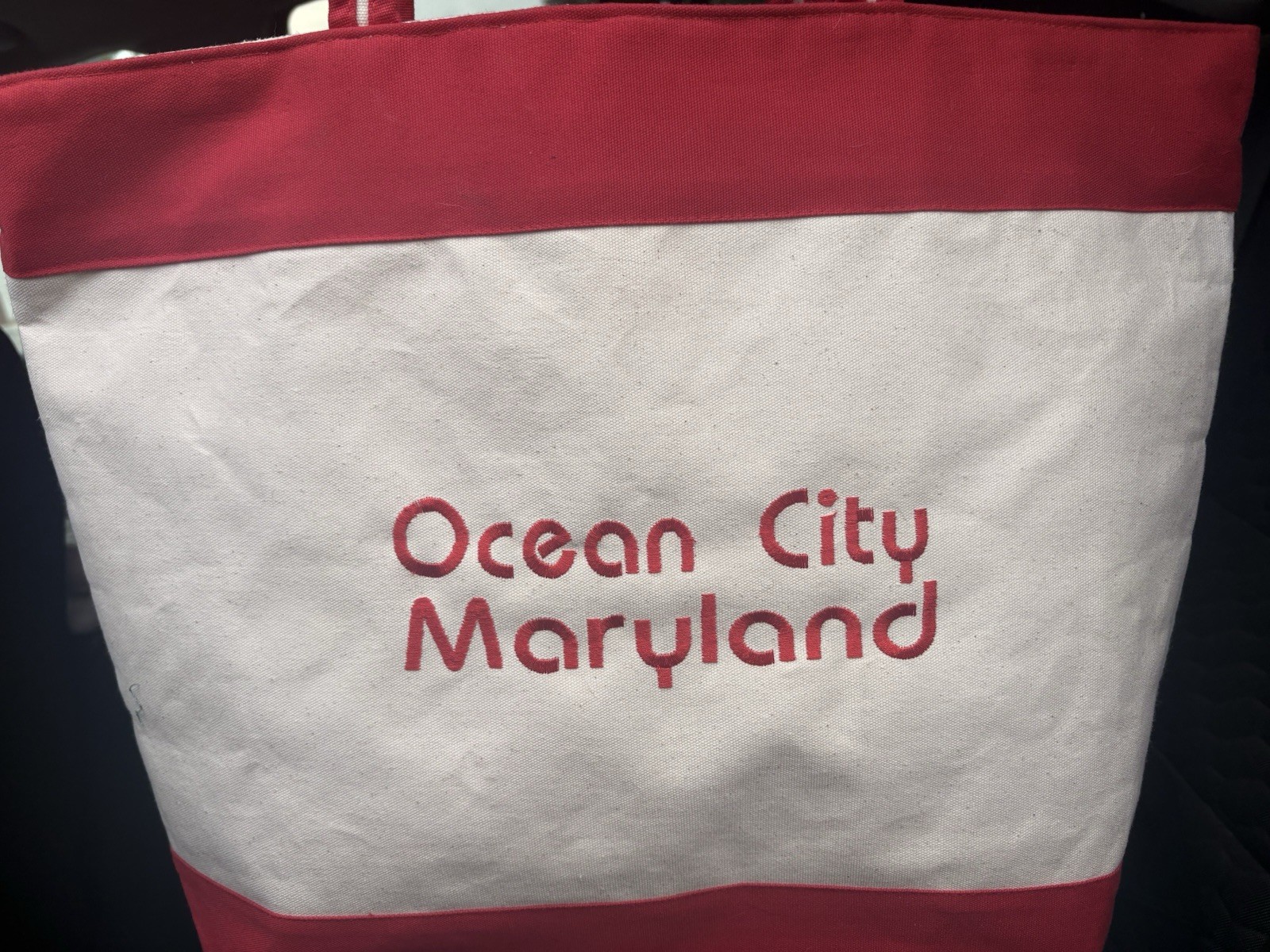 Ocean City Maryland Embroidered Tote Bag White/Red Open Top w/ Inner Pockets