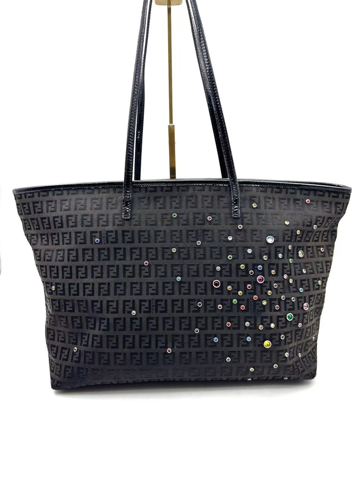 Auth Fendi Zucchino FF Monogram Black Crystal Embellished Tote Bag Gold Hardware