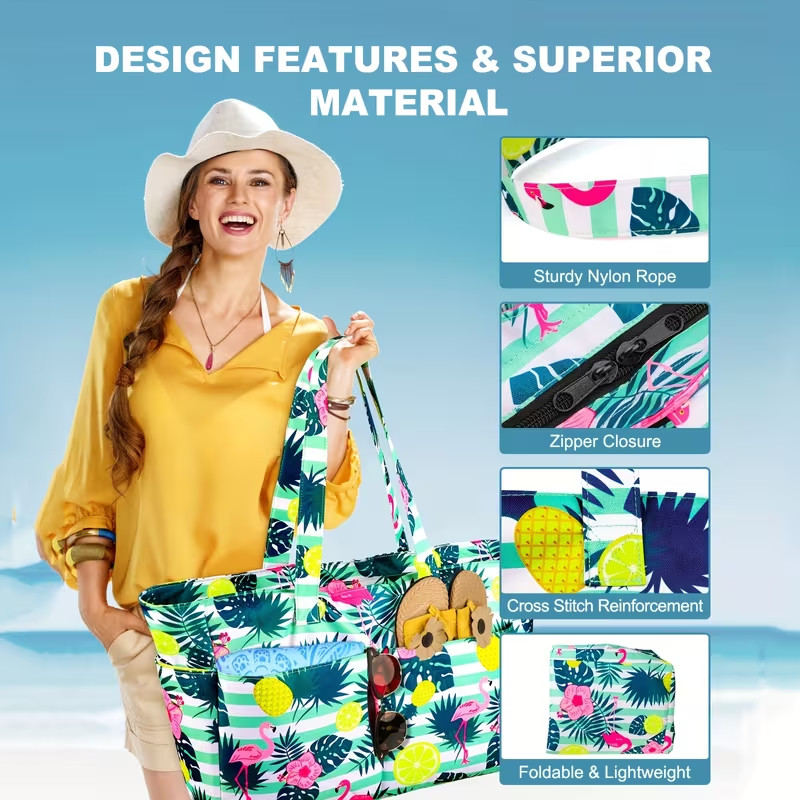 Oversized, Beach Tote Bag Large, Zipper Travel Shoulder Bag, Foldable Pool Tote