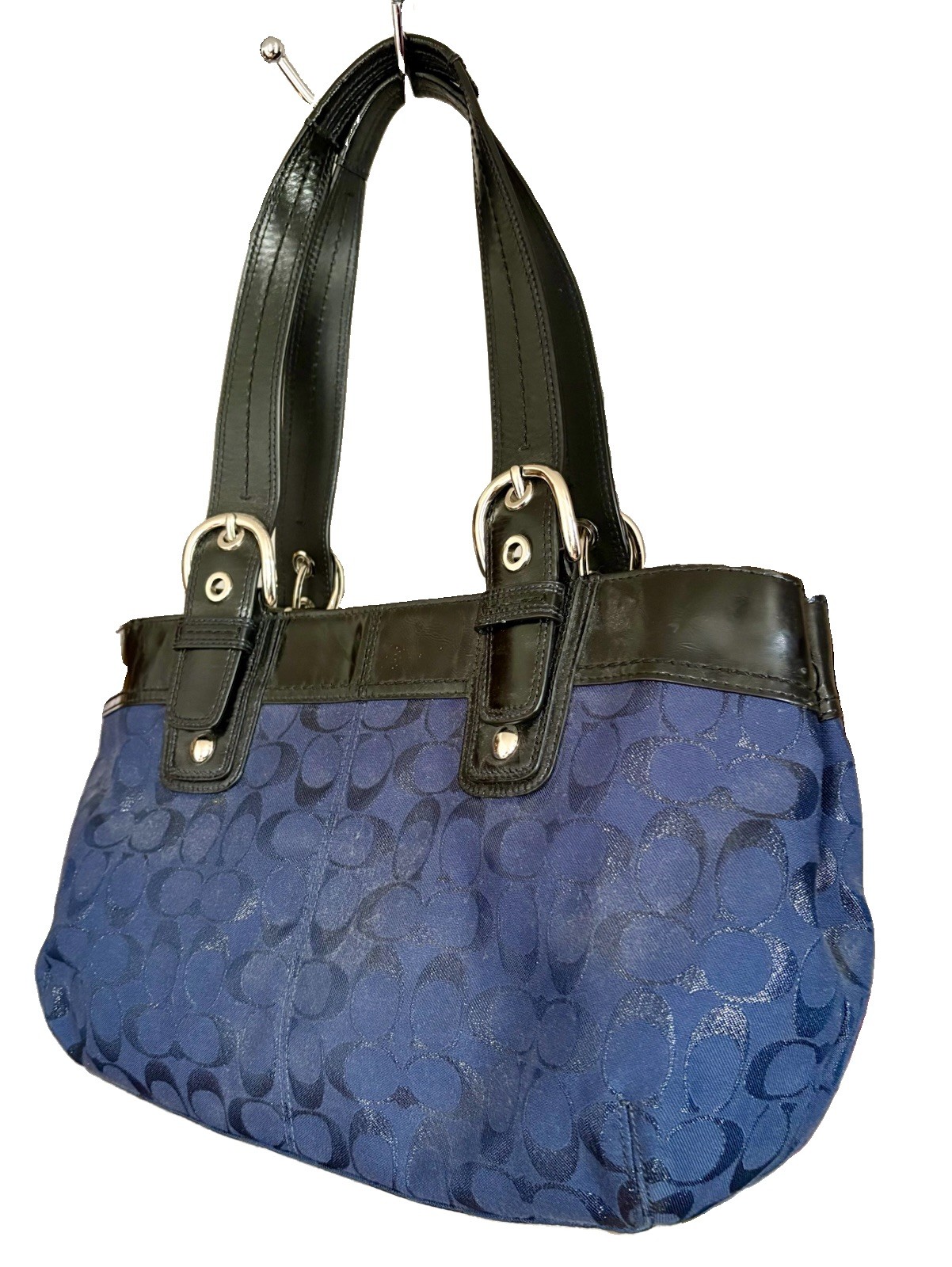 Vtg Y2K COACH Soho Sig. Pleated Shoulder Tote Bag Navy Blue BLK F16044 PRISTINE