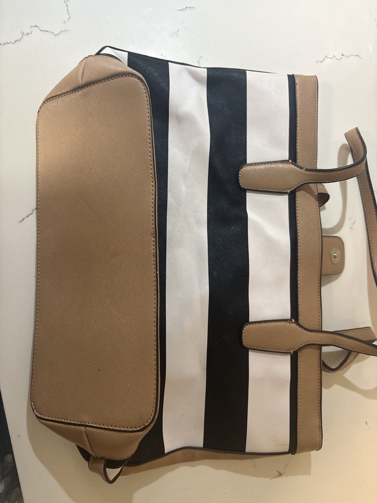 GUESS Black & White Striped Tote Bag, Magnetic Closure, Pockets, Lined, Silver