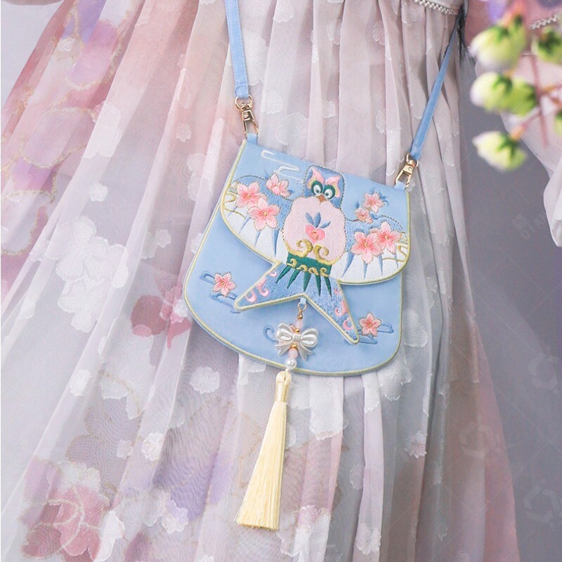 Lady Girl Cute Chinese Ethnic Kite Embroidery Bag Purse Bow Fringe Bead Pendant