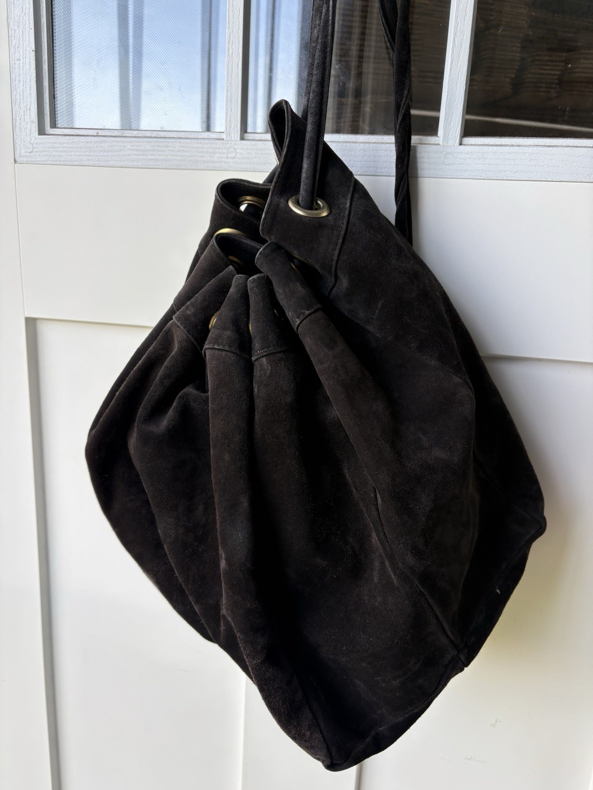 VTG Nordstrom Bucket Backpack Suede Black Leather Drawstring Bag Rare FLAWS READ