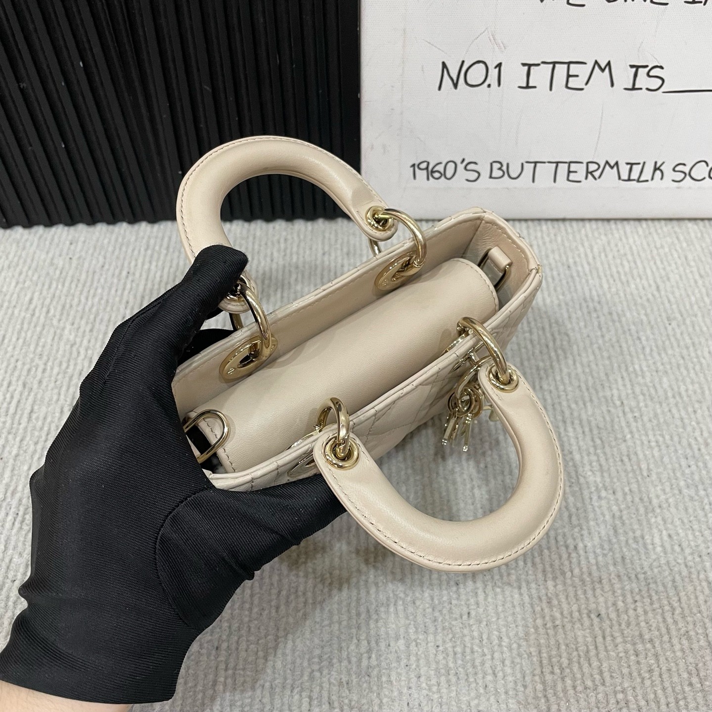 Christian Dior Lady D-Joy Horizontal Mini Crossbody Shoulder Bag Lambskin Beige