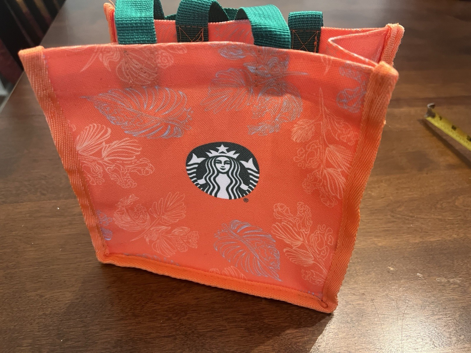 Starbucks Reusable Mini Tote Bag Orange Tropical Leaf Print Green Logo 8x8x4