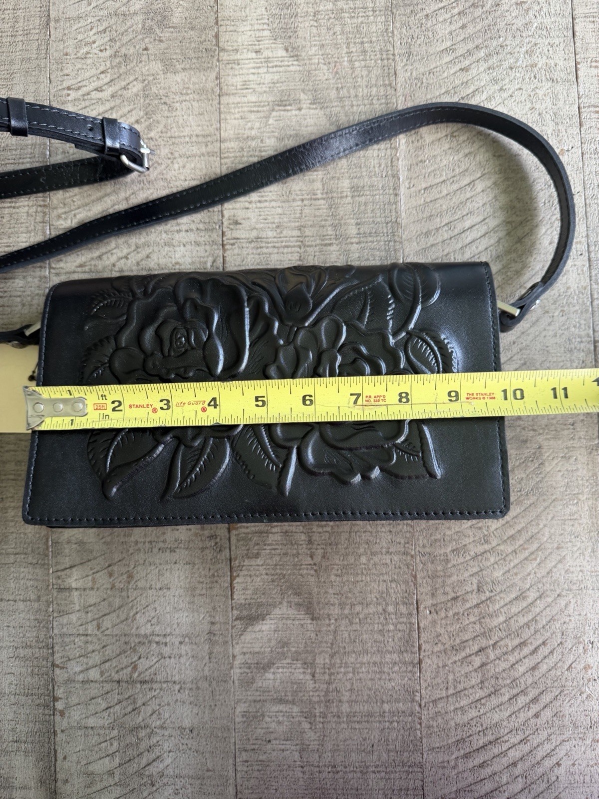 Patricia Nash Kent Burnished Rose Tooled Leather Crossbody Black with Dust Bag
