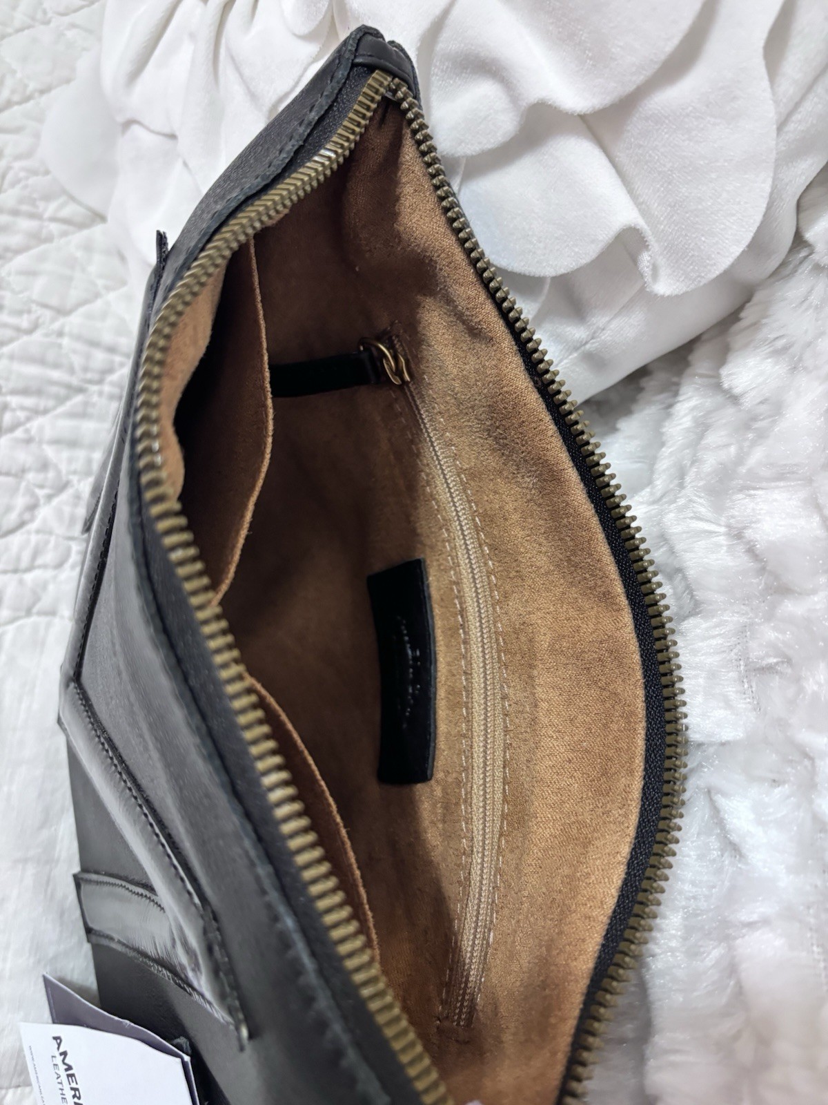 American Leather Co Dover Monogram M Black Genuine Leather Wristlet NWT $98