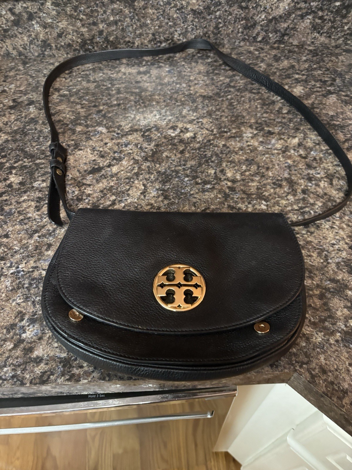 Tory Burch Black Reva Logo Small Crescent Crossbody Bag Gold Hardware Magnetic