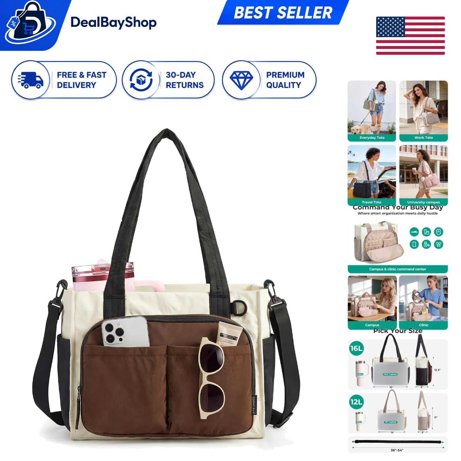 Stylish Water-Resistant Tote Bag for Women with Laptop Sleeve & Tumbler Holder