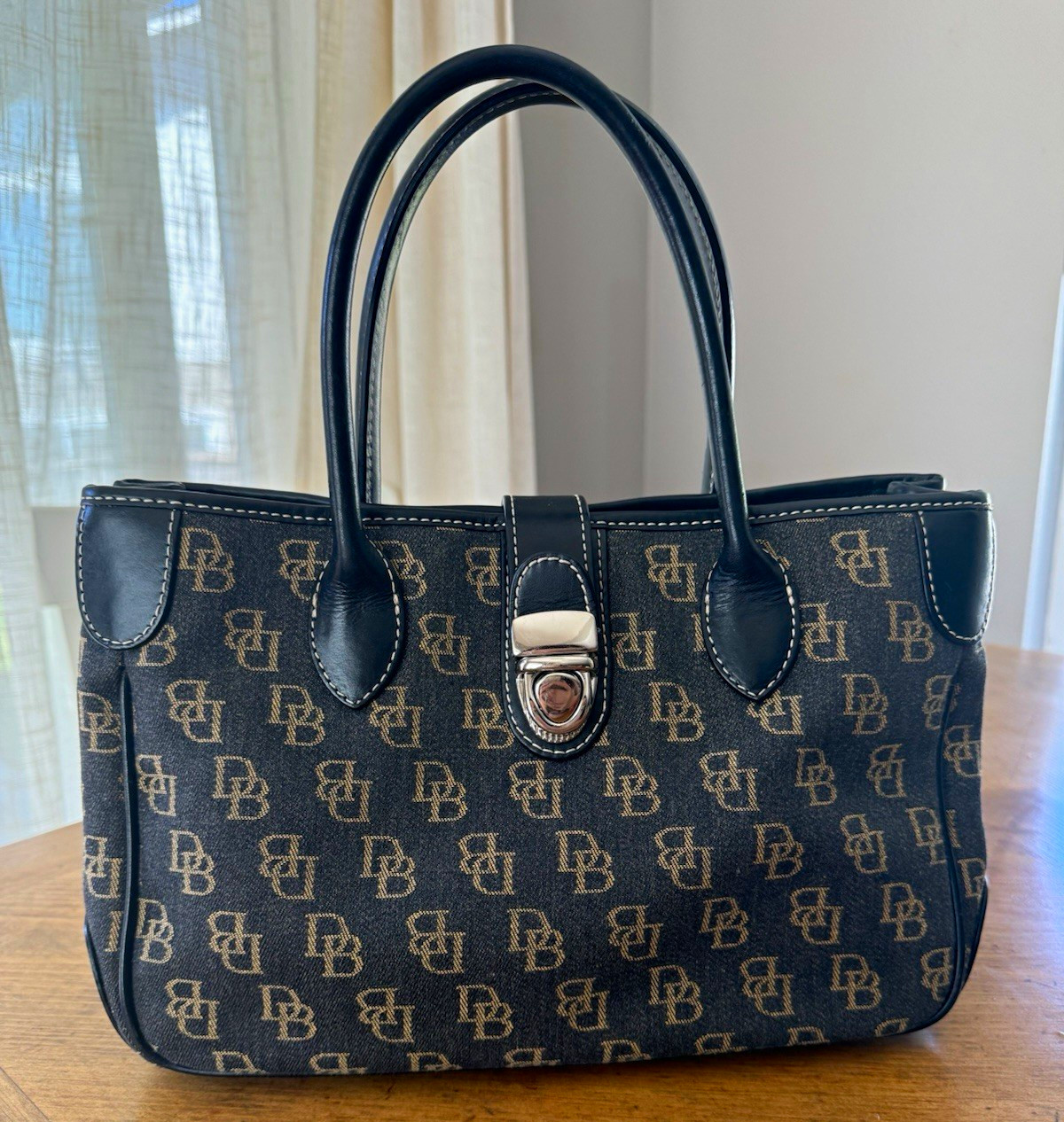 Dooney & Bourke Black Monogram Satchel Top Handle Double Handles Turn Lock Zip