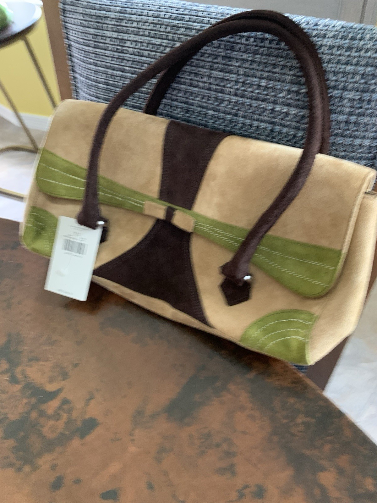 STYLISH VIA SPAGA Compact Suede Stitch Bag/Handles/ Inside Pocket