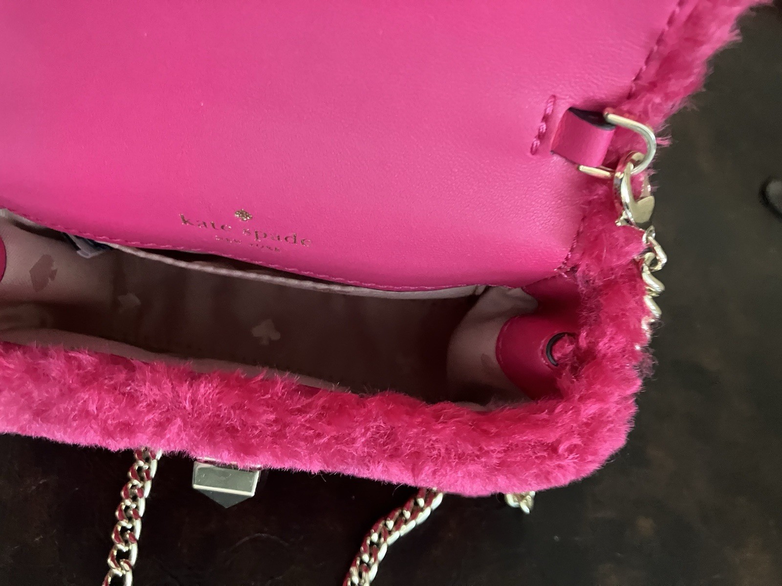 Kate Spade “Audrey” Faux Shearling Pink/Fuschia Micro Crossbody With Chain Strap