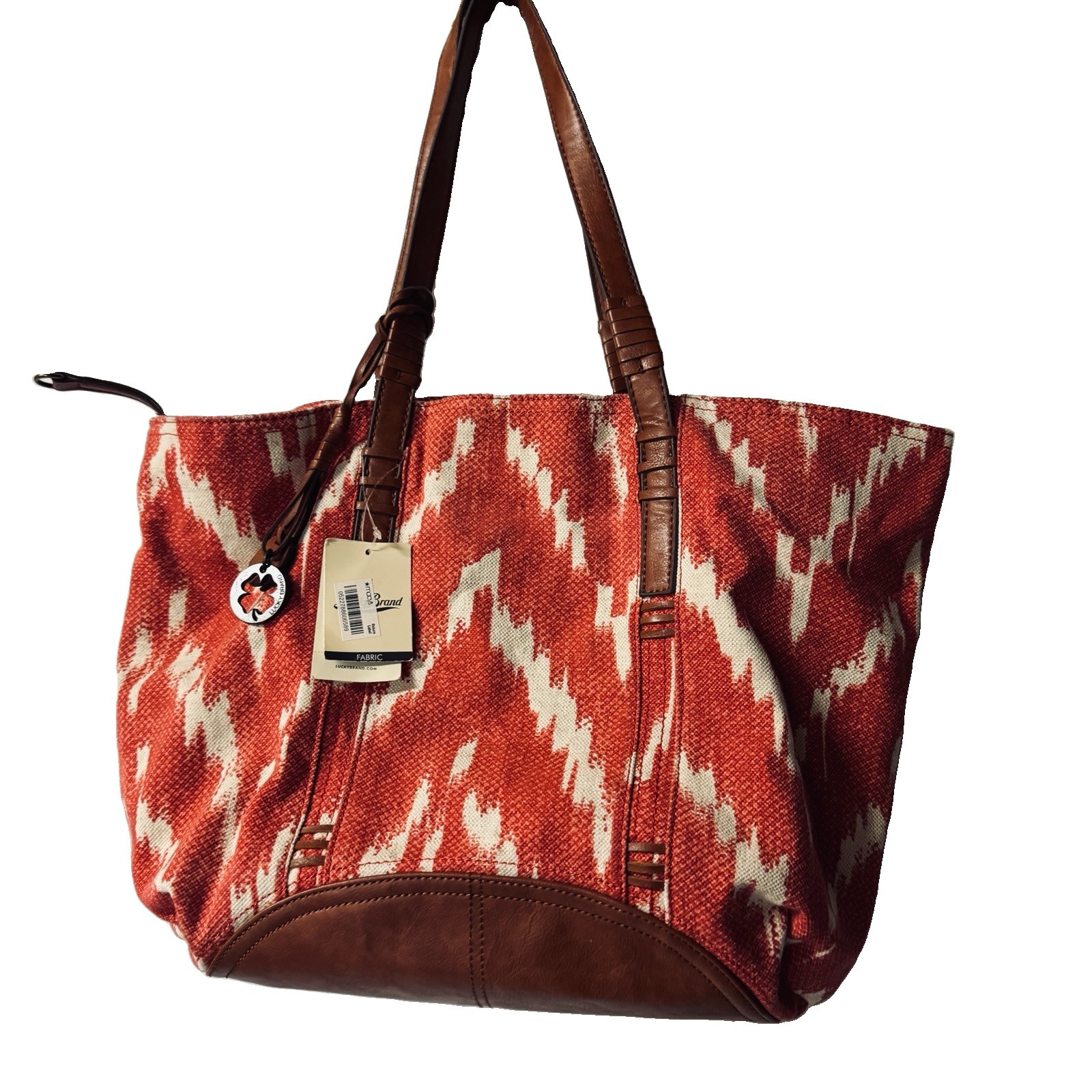 Lucky Brand Cotton Linen Ikat Tote Bag Brown Faux Leather Trim Large Shoulder