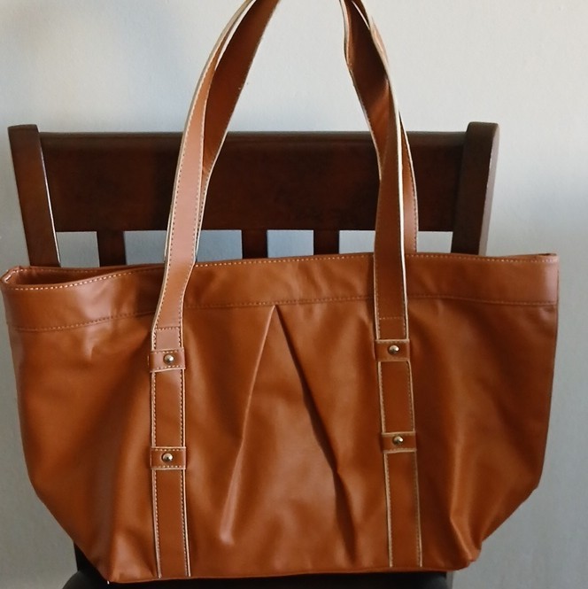 Women’s Brown Tote Bag with Double Handles, Solid Rectangle, Stitching