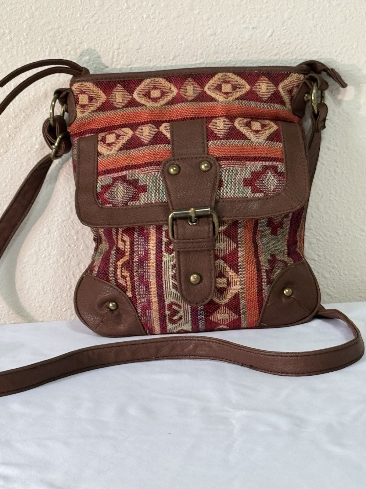 Rue 21 Brown Red Aztec Print Fabric Faux Leather Crossbody Purse