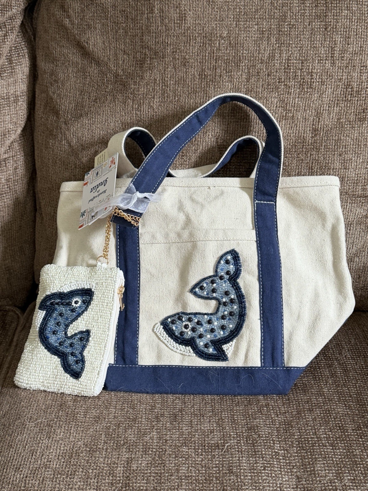 Women’s Ivory Blue Beaded Whale Tote Bag Zip Closure with Matching Zip Pouch