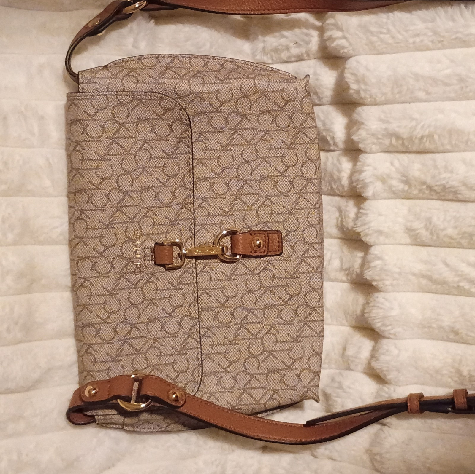 Calvin Klein CK Monogram Beige/Brown Crossbody Bag Flap Buckle Detachable