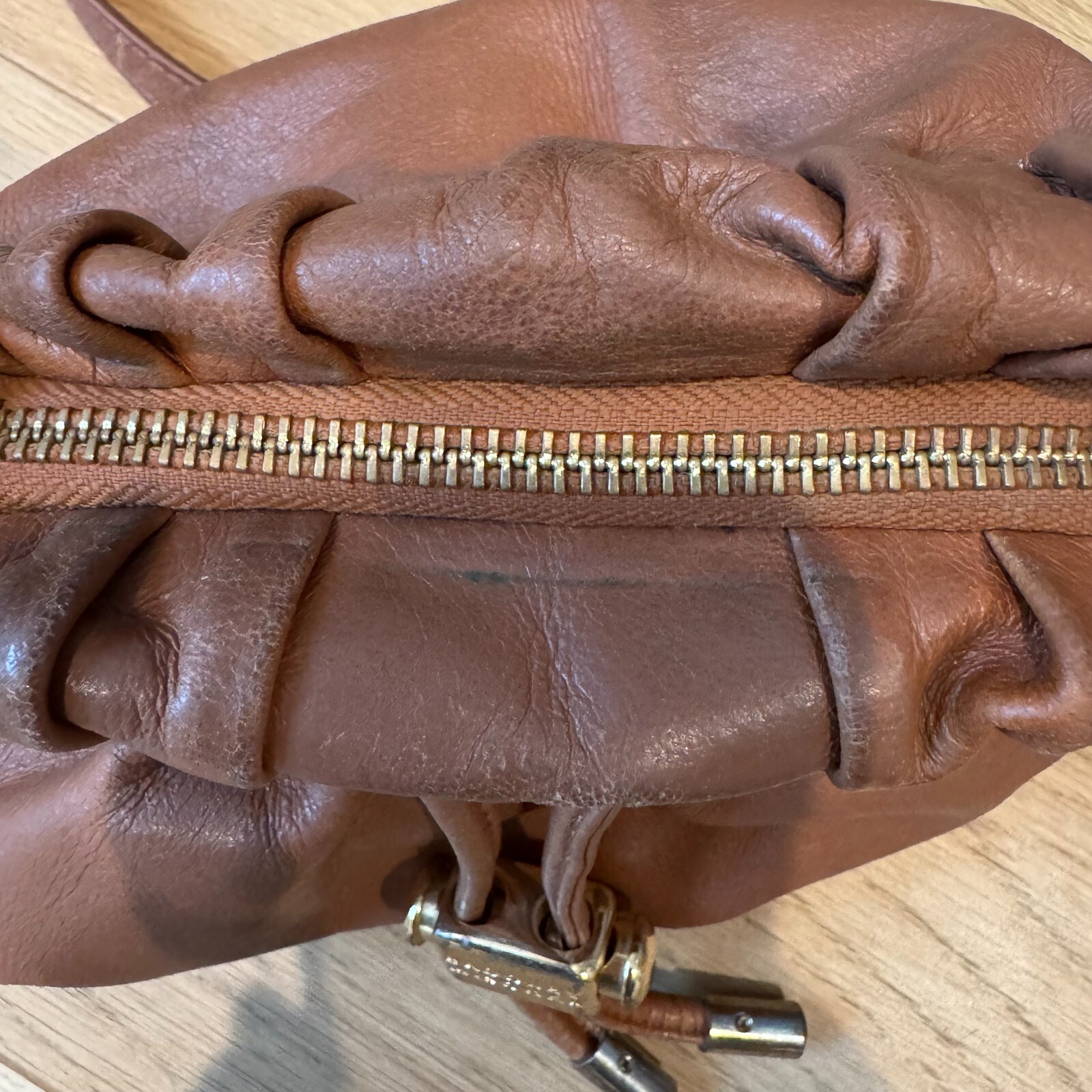 Badgley Mischka Caramel Brown Leather Mini Bucket Bag Crossbody Purse