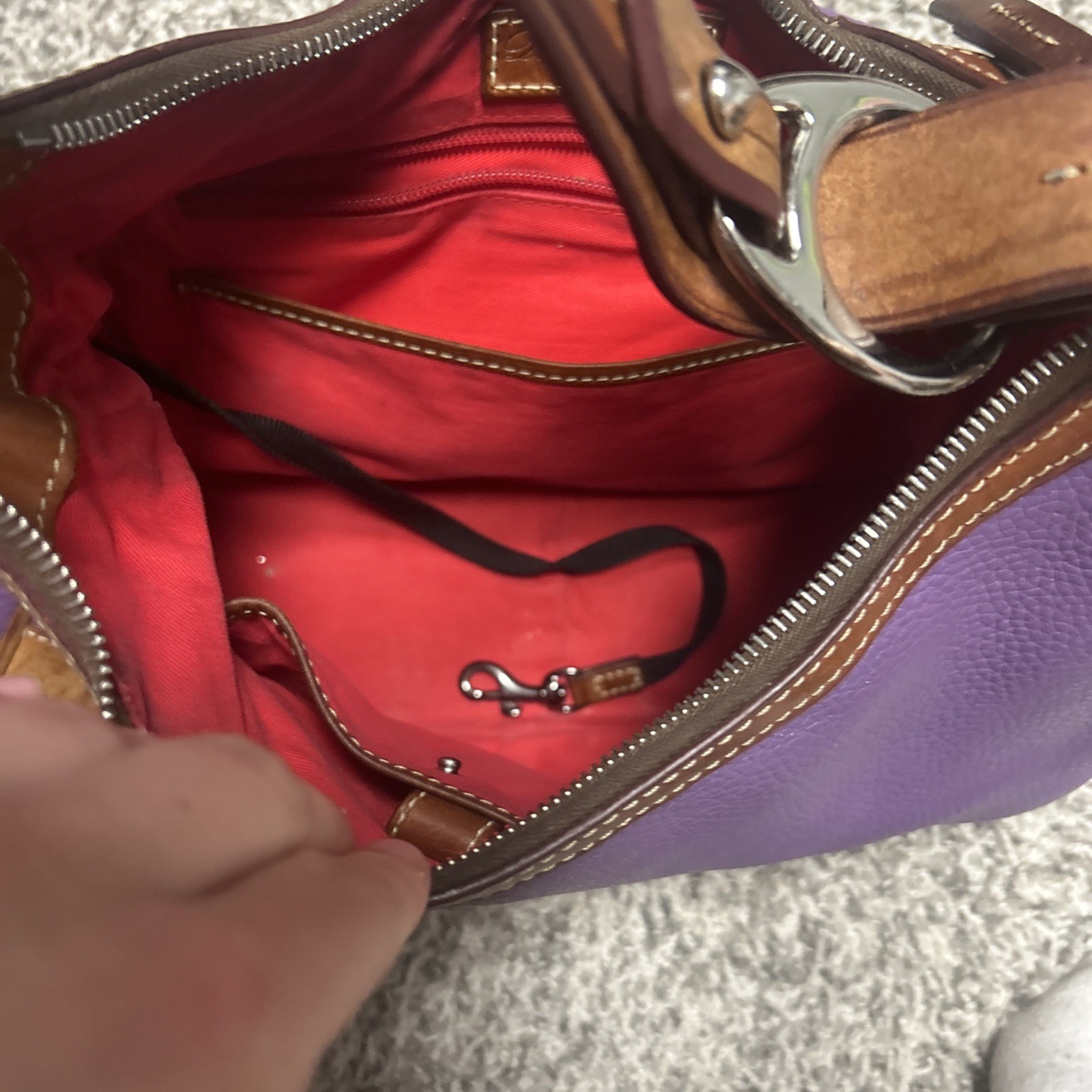 Dooney & Bourke Pebbled Leather Shoulder Bag Purple Brown Stitching Logo Zip