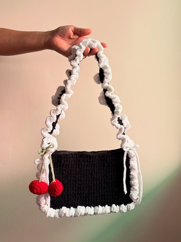 Handmade Crochet Ruffle Bag Cute Bow Purse Aesthetic Shoulder Tote Bag