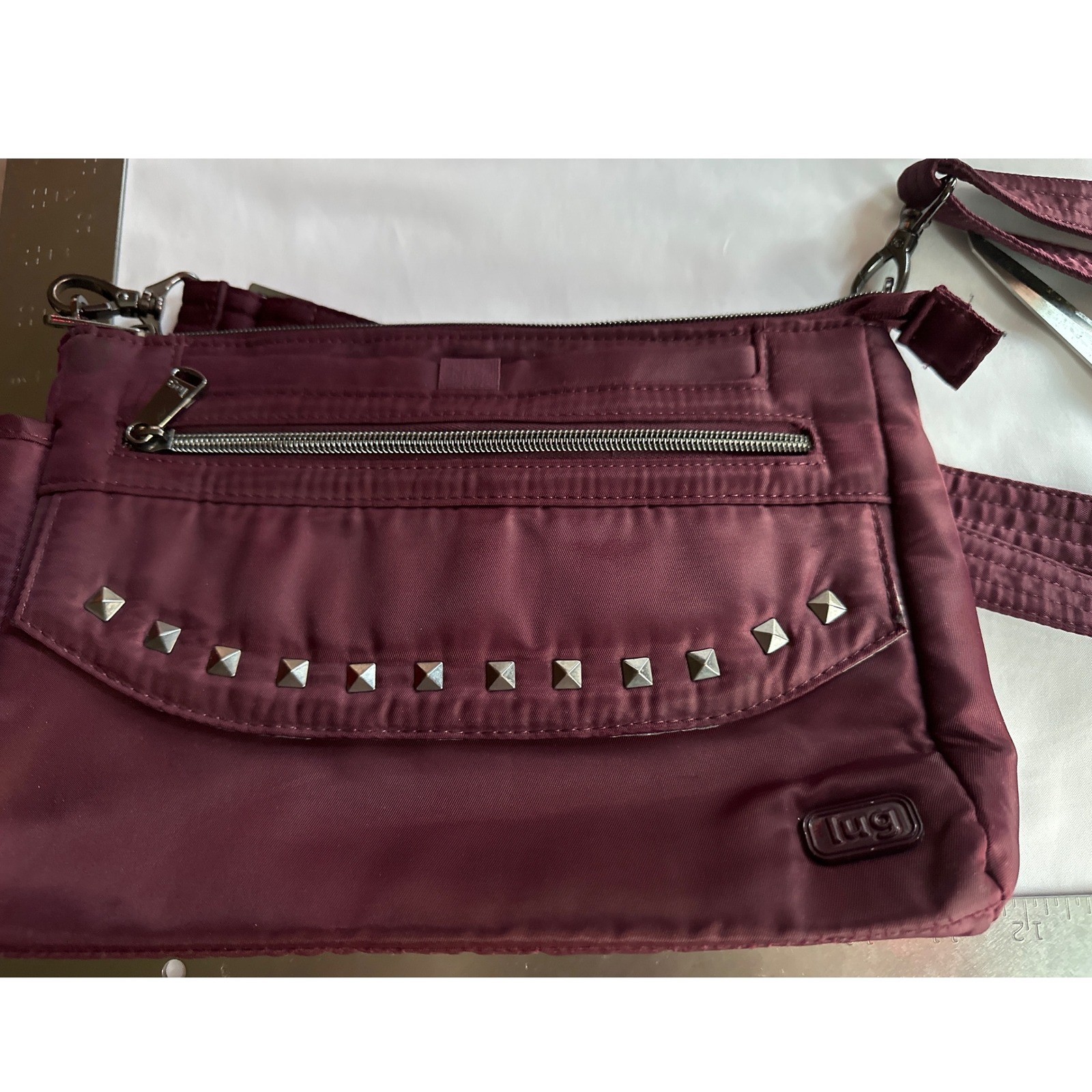 Lug Pacer Crossbody Bag Wine Burgundy Studded Nylon Travel Purse Adjustable.