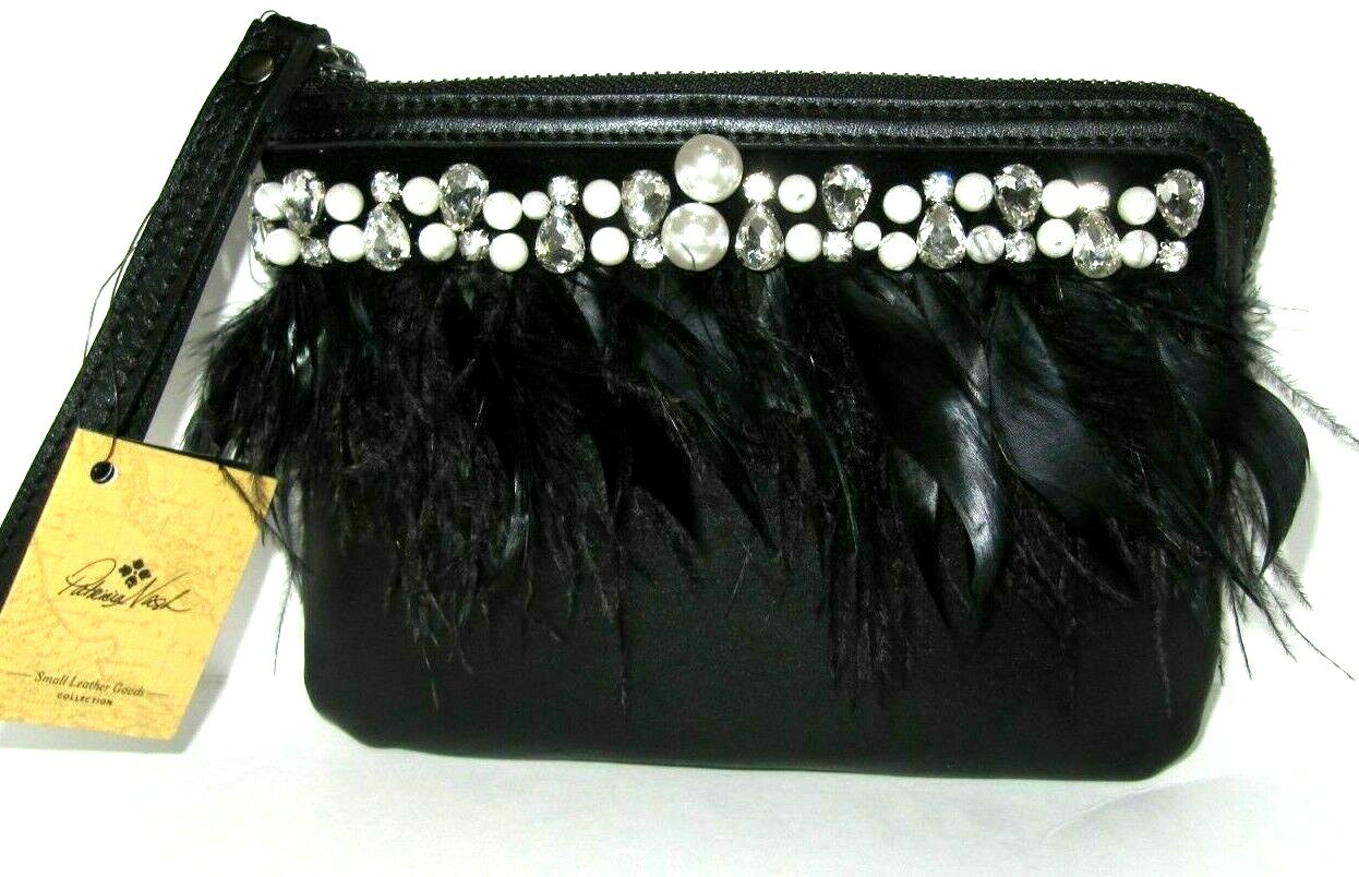 Patricia Nash Diamonds Feathers Pearls Cassini Wristlet Clutch Black Bag NWT