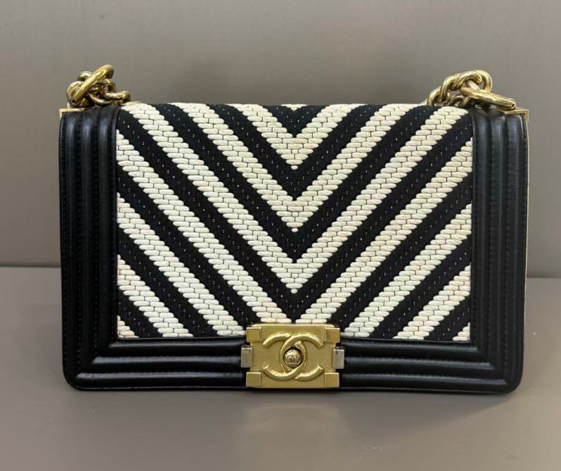 Chanel Le Boy Black White Chevron Woven Calfskin Flap Bag Aged Gold Hardware