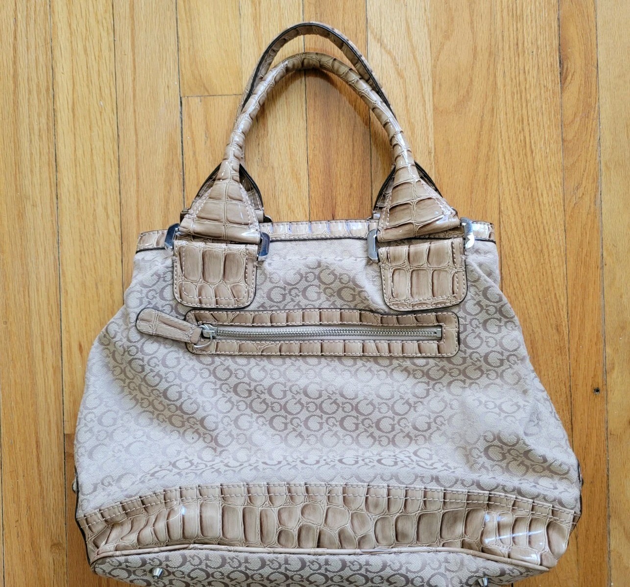 Guess Purse Faux Croc G Logo Beige Tan Rhinestones Y2K Retro FLAW* SEE PIC READ