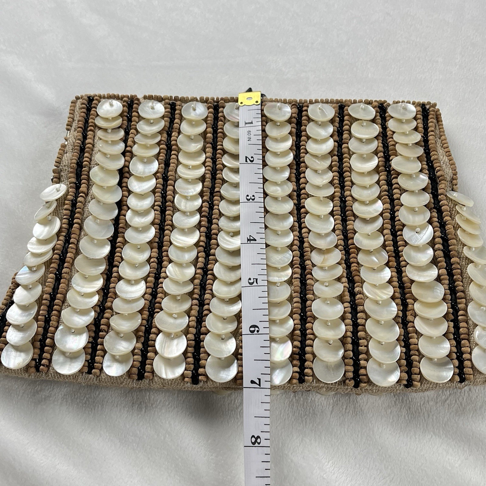 Moyna Mother of Pearl Beaded Clutch Purse Tan Silver Accents
