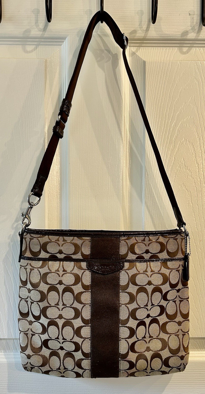 COACH Signature Stripe Bag Brown/Tan Adjustable Strap 11 1/2” X 10”