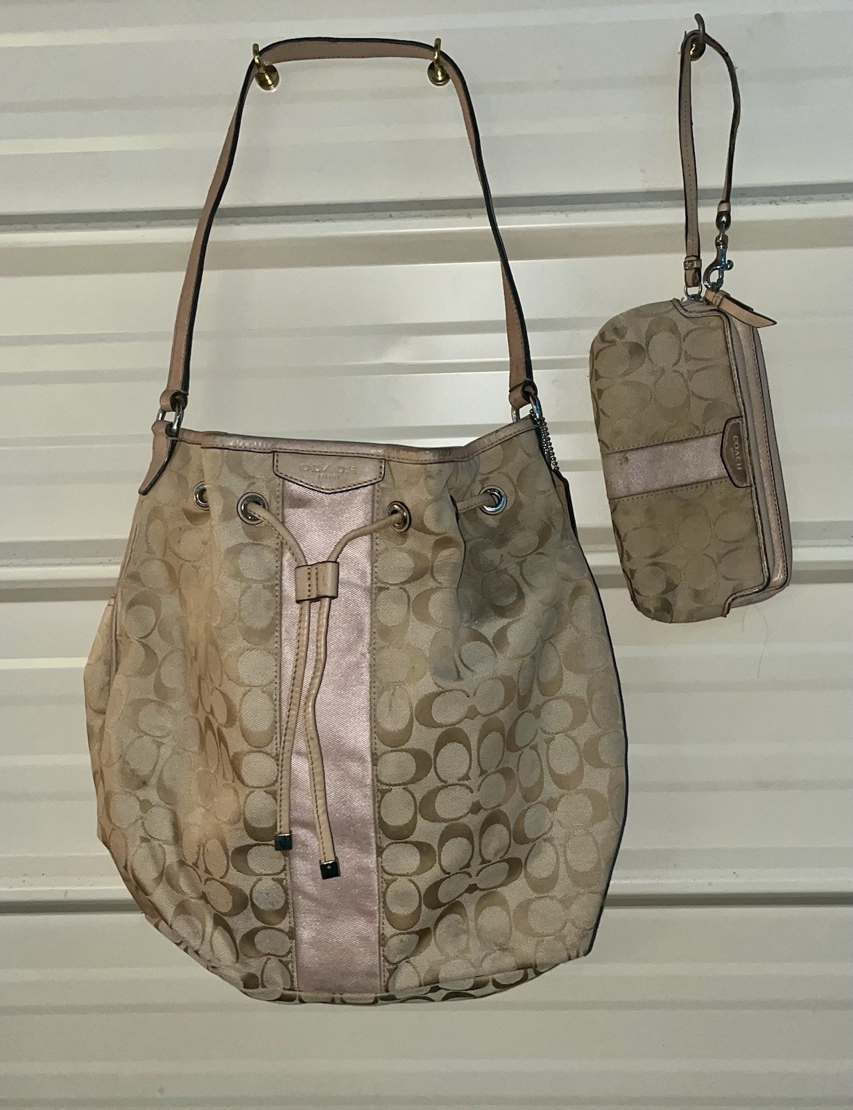 Coach Beige Pink Monogram Bucket Shoulder Bag Drawstring, Zip Wristlet, Gold