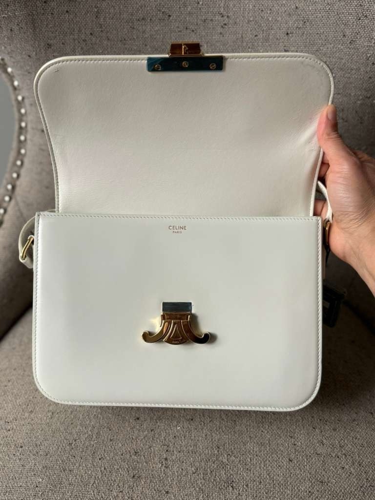 Celine Triomphe Flap Shoulder Crossbody Bag White Leather Gold Hardware