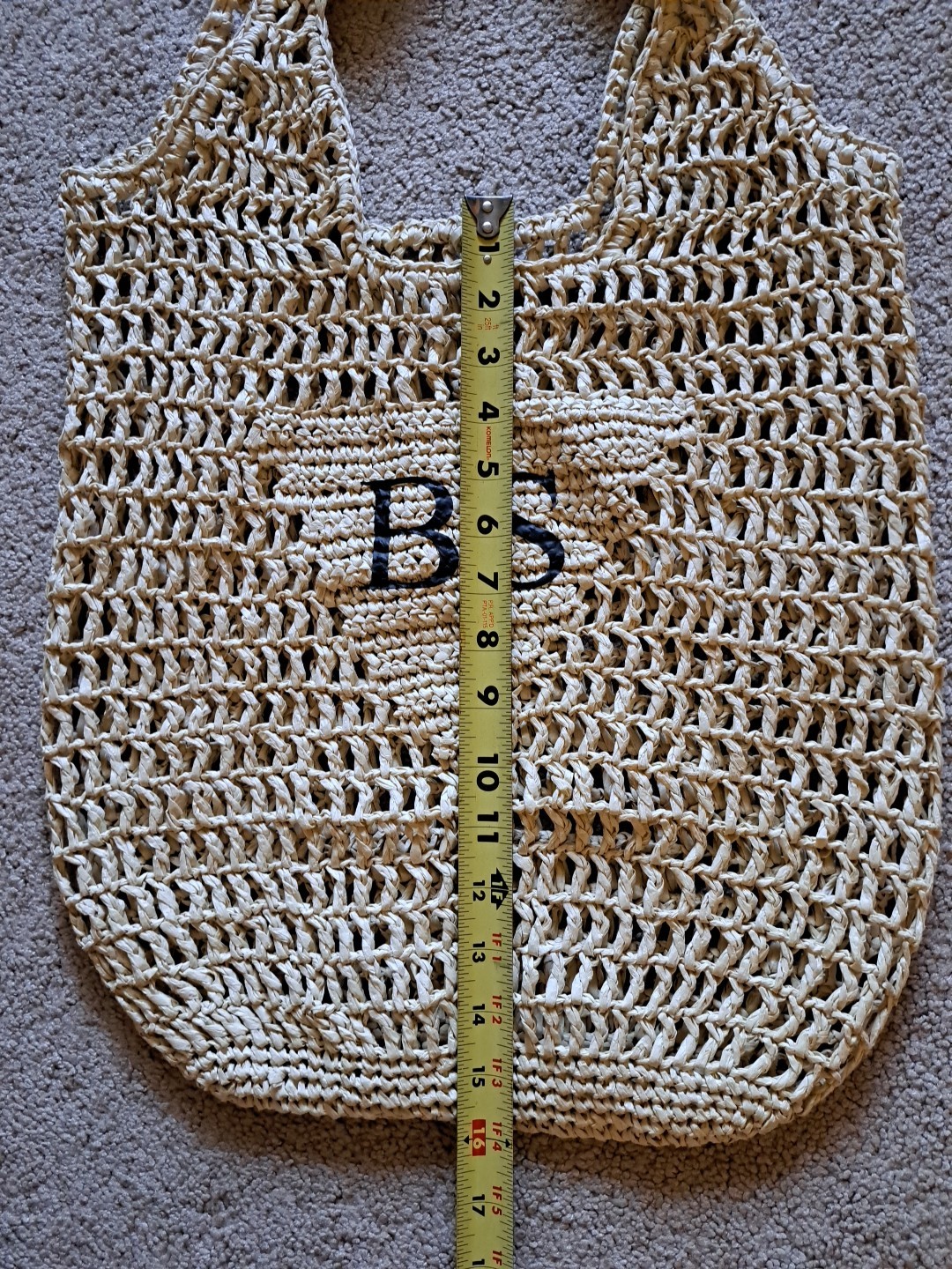 Personalized Raffia Beach Tote Bag Open-Weave Crochet Beige 15.5 X 16 Inches