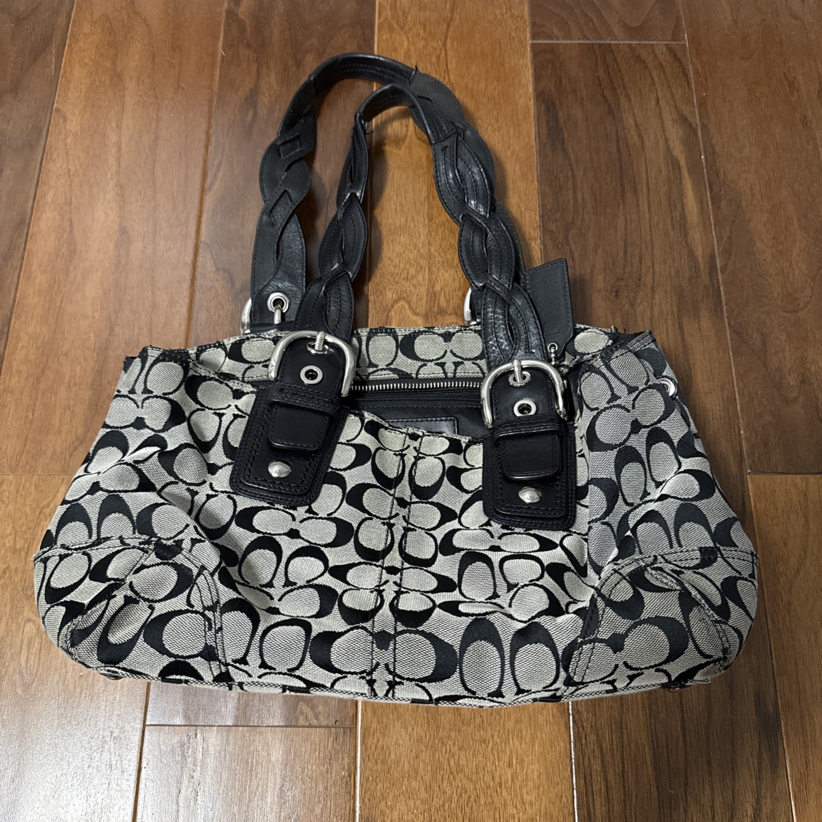 COACH Tote Shoulder Bag Black & Gray C Logo Braided Leather Handles Y2K