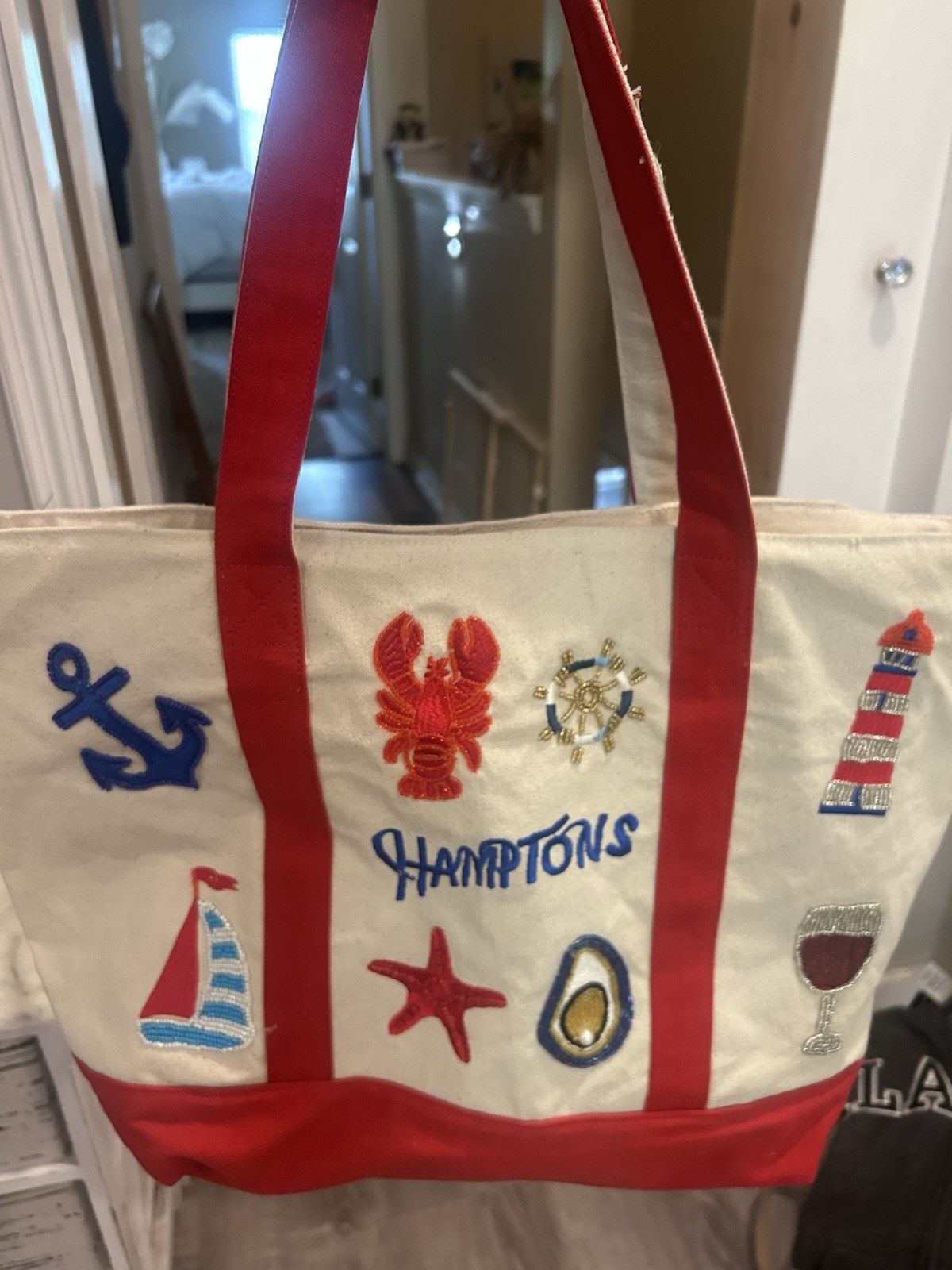 Nautical Embroidered Hamptons Tote Bag Beige Red Blue, Open Top, inside pocket
