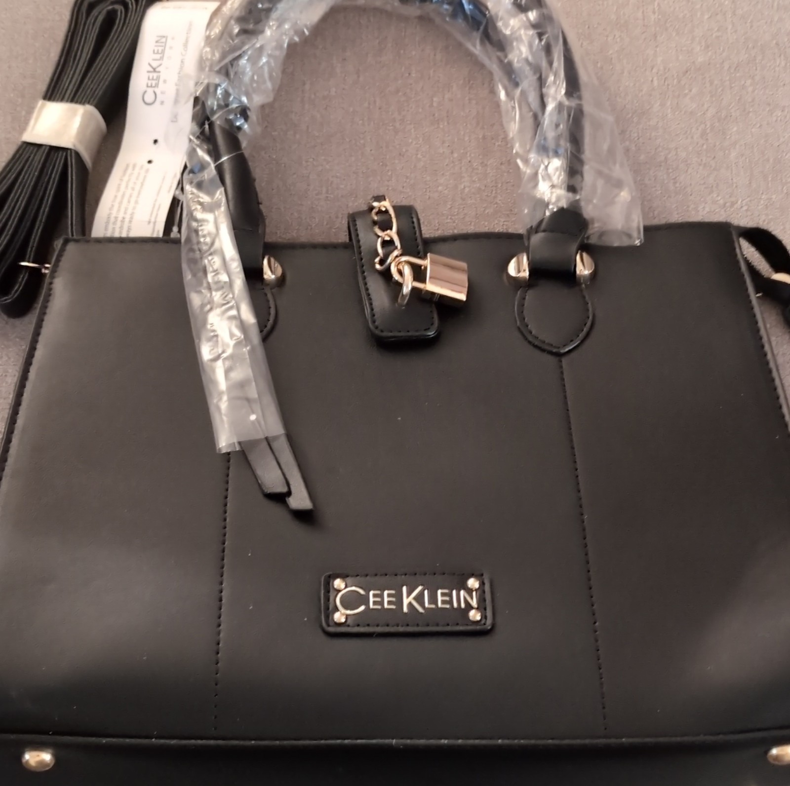 Cee Klein Black Satchel Padlock Chain Gold Hardware Detachable Strap Top Handle