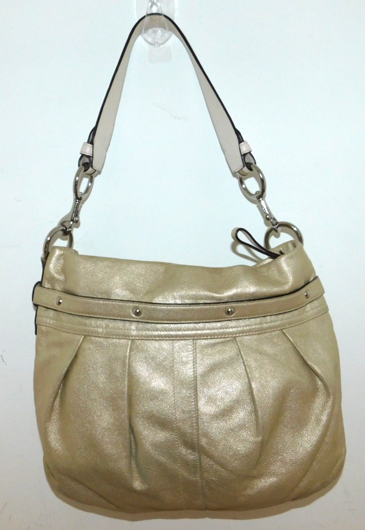 Coach Shimmer Metallic Gold Soft Pleated Goat Suede Belted Hobo Shoulder Bag