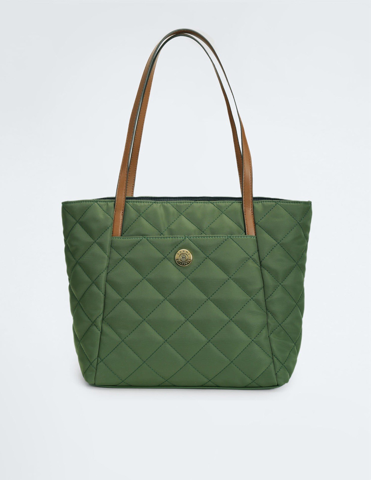 Tommy Hilfiger Quilted Nylon Tote Bag Top Zipper Olive With Faux Leather Trim