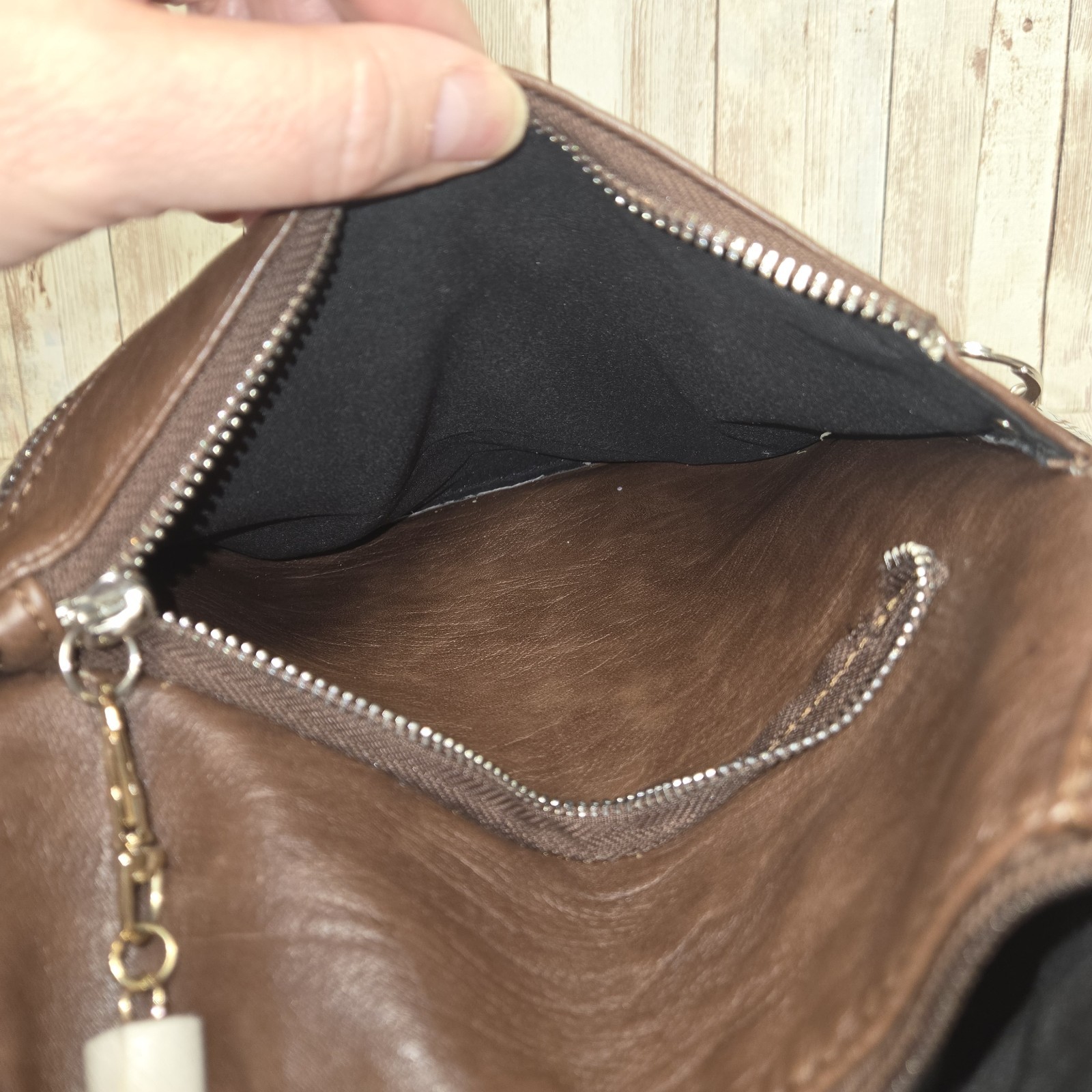 Sam & Hadley Brown Crossbody Purse Faux Leather Multi Zip Bag Tassel 11 Inch