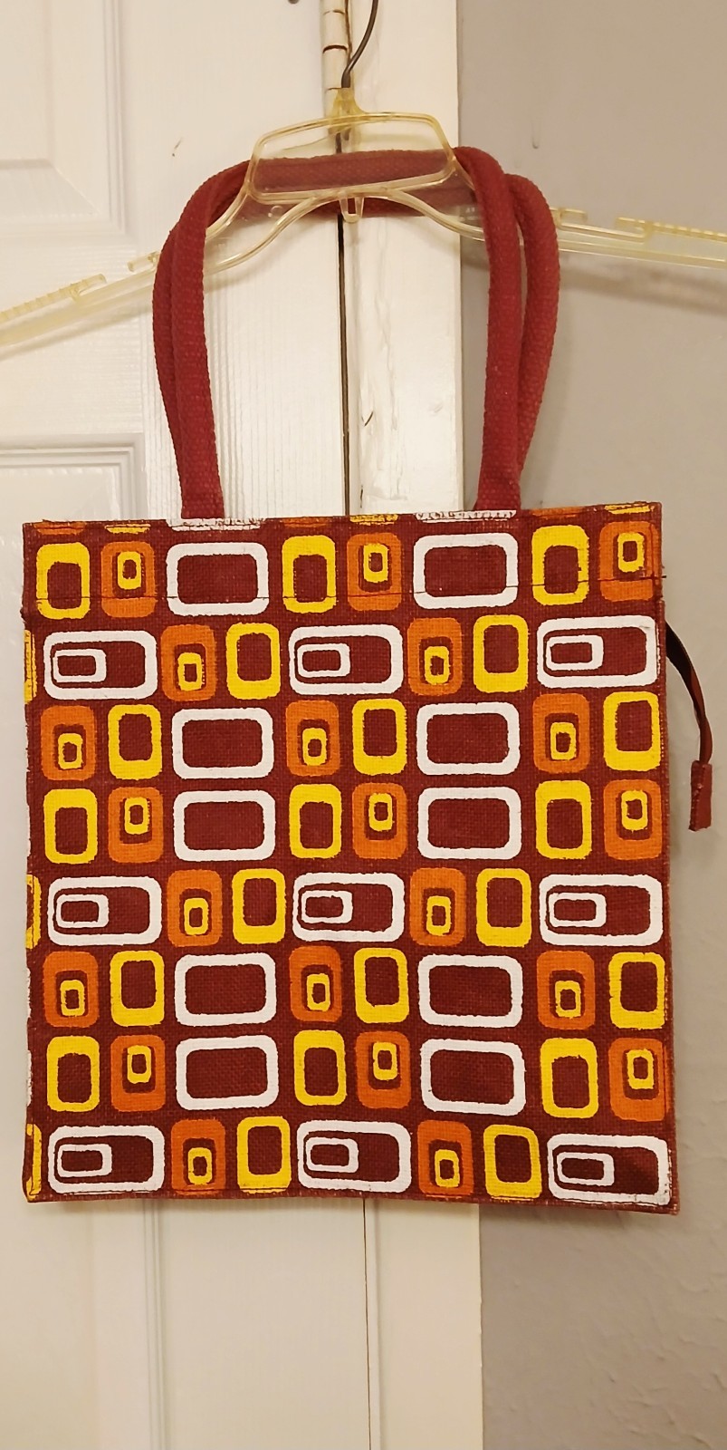 NWOT RD Bag House Brick Red Jute Zipped Tote/Shopper/Beach Bag w/Mid-Century Art