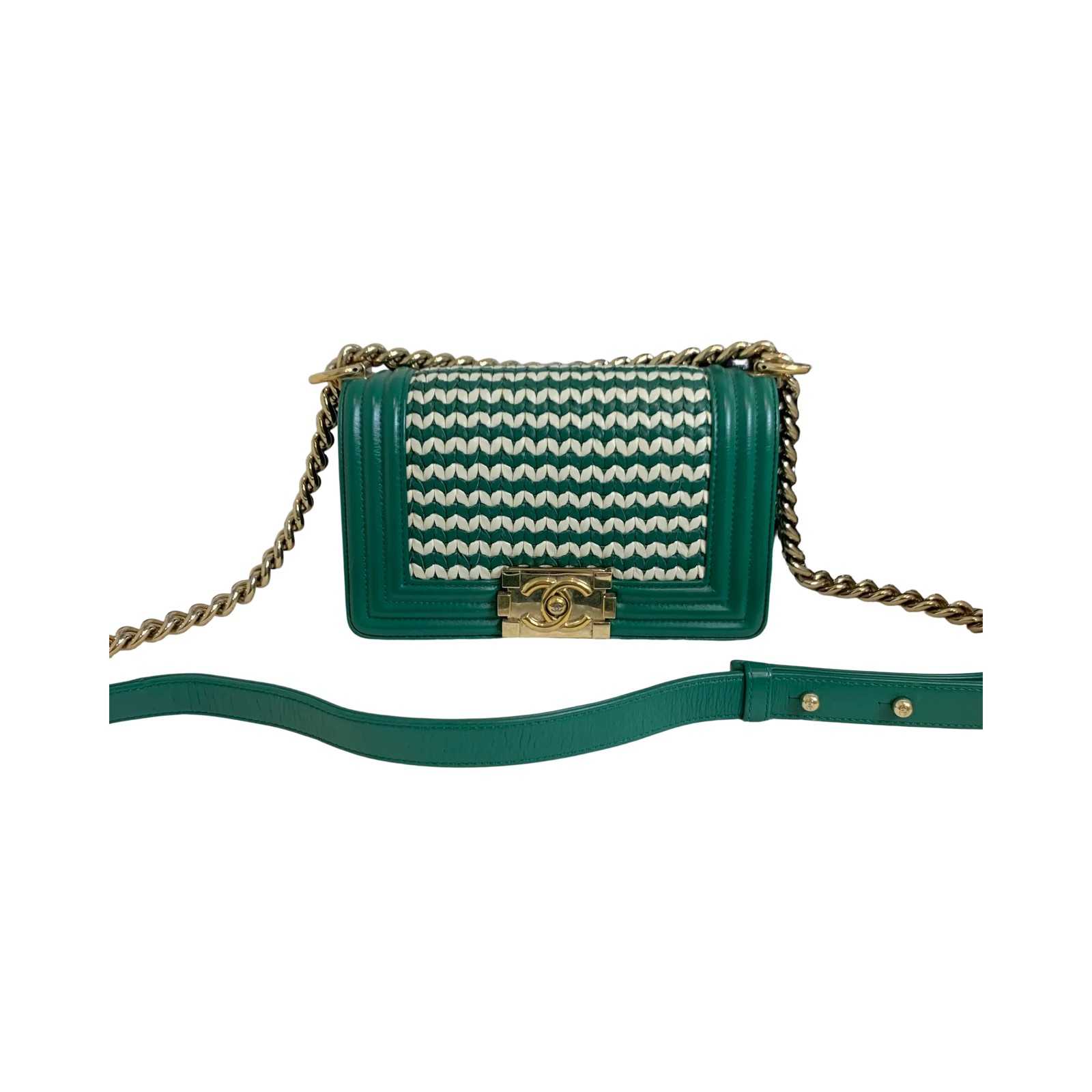 Chanel Le Boy Woven Small Green Woven Leather Shoulder Bag Pre-Owned