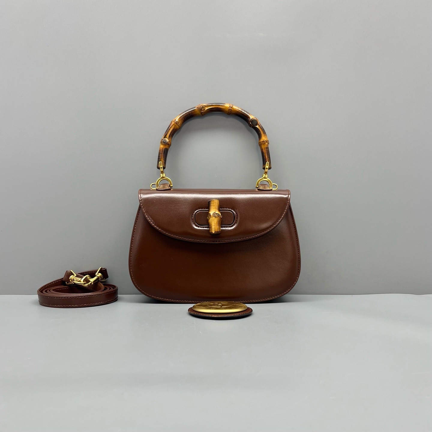 100% AUTH Gucci 1947 Bamboo Small Top Handle Bag Dark Brown Leather Shoulder Bag