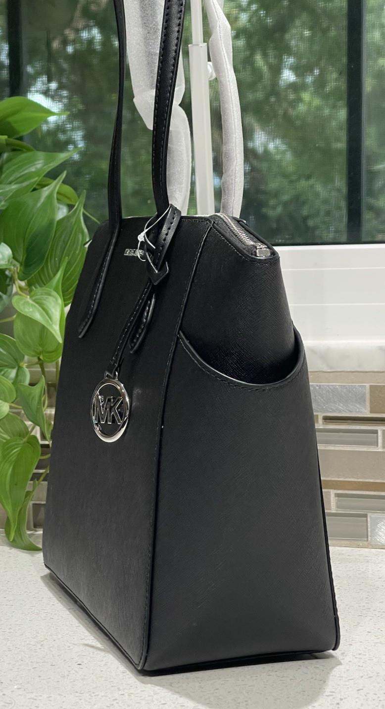 MICHAEL KORS MARILYN MEDIUM LARGE ZIP TOTE SHOULDER BAG BLACK LEATHER SILVER