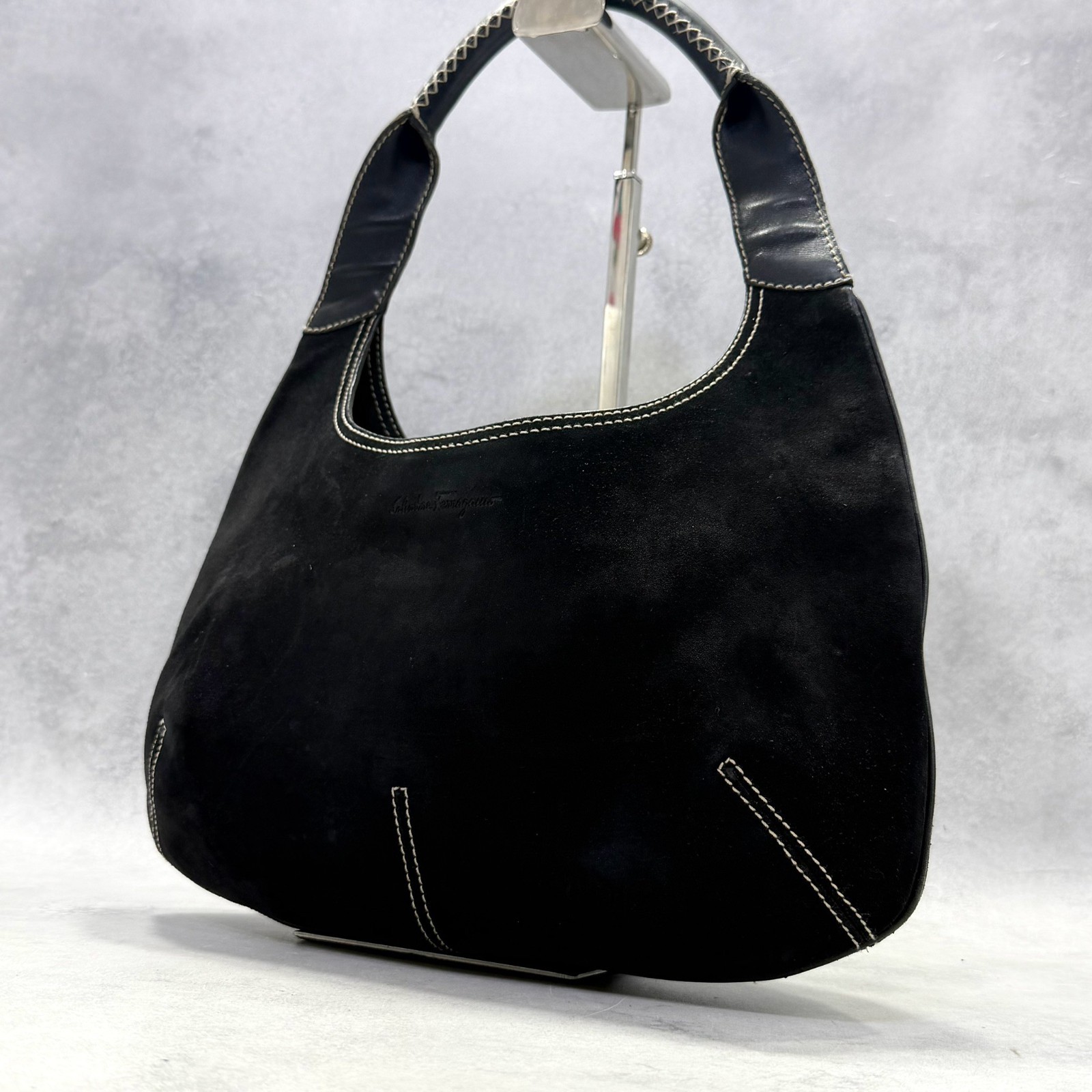 Salvatore Ferragamo Authentic Suede Hobo Shoulder Bag Black Logo Half Moon